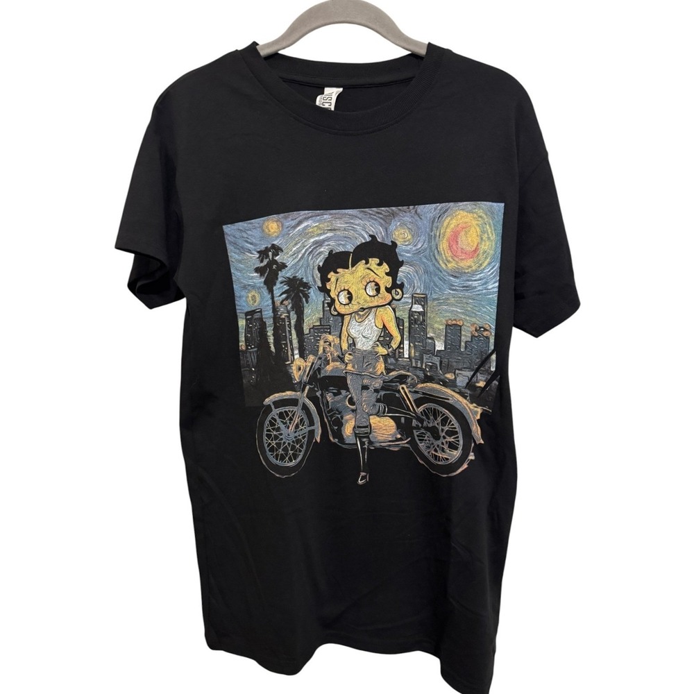 Brisco T-Shirt Women's Small Black Betty Boop Starry Night Motorcycle Artsy